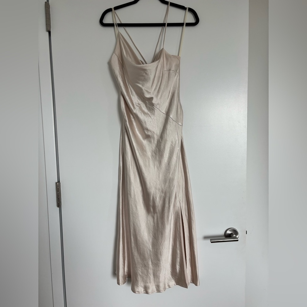 Champagne midi dress with asymmetrical cowl neckline